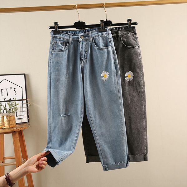 

2020 summer new harlan high waist slimming hole flanging stretch loose fat mm daisy 2020 capri summer capri pants denim cropped pants, Blue