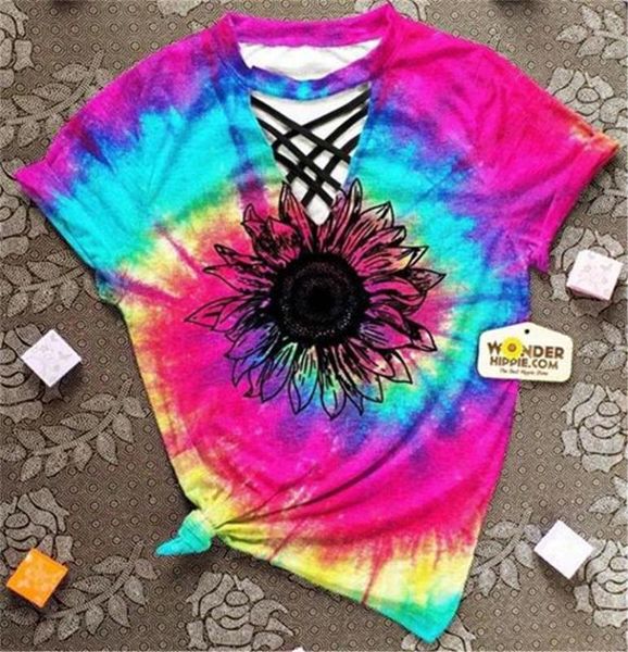 

hollow out women t shirt 2020 tie dye women clothes short sleeve tees floral print tee halter v-neck tshirt, White