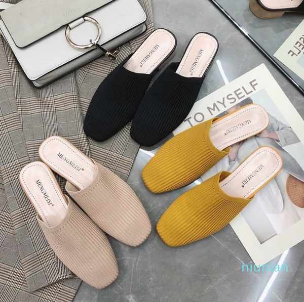 

elastic knittin mules shoes women slippers spring summer low heel slides casual slip on flip flops, Black