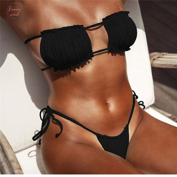 

biquini ruffles women swimwear solid split swimwear bandeau bikinis set female bathing suit women micro bikini high waist, White;black