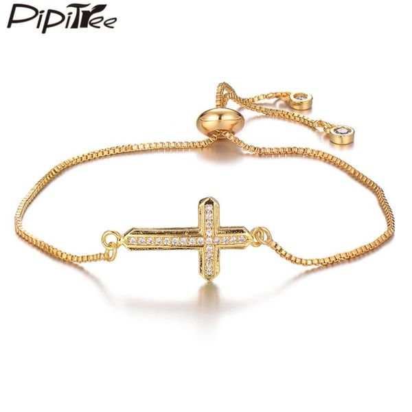 

pipitree copper clear cubic zirconia micro pave cross bracelets religious jewelry chain link bracelet bangle women men wristband, Golden;silver