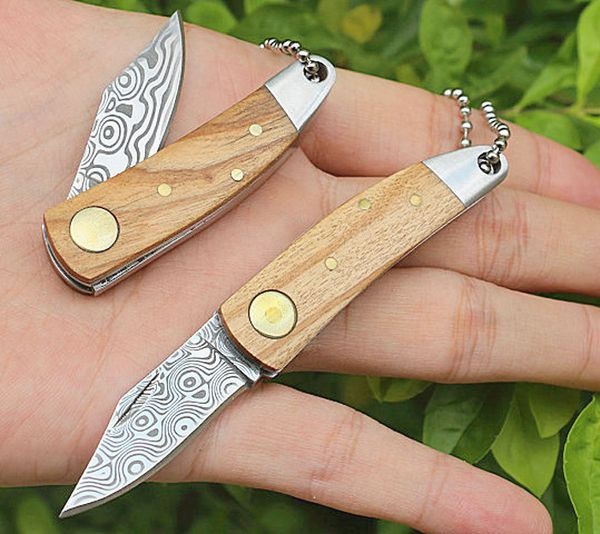 Promozione mini piccolo damasco edc tasca pieghevole coltello svedese damasco in legno oliva in legno con guaina in pelle