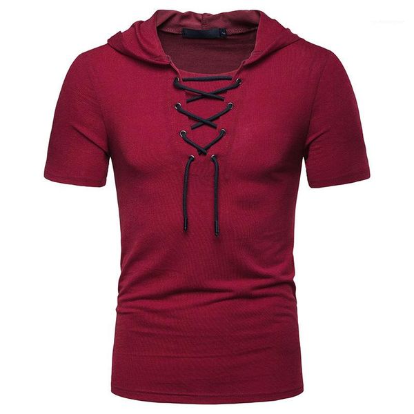 

summer hooded neck short sleeve sweatshirts men fashion casual clothes mens loose solid bandage hoodies man, Black