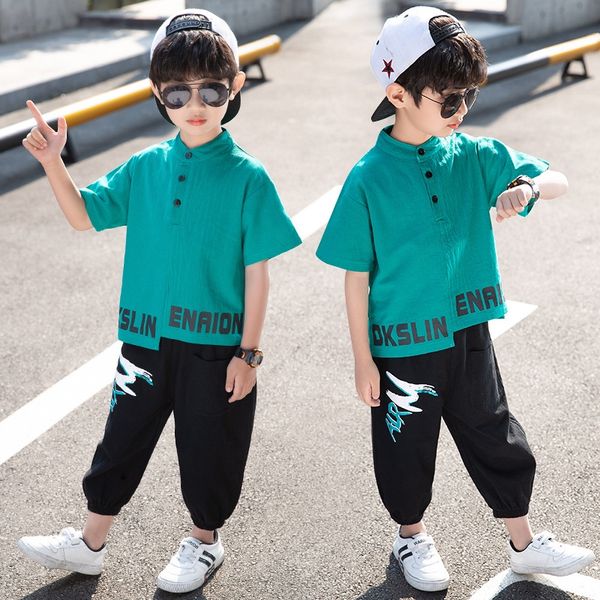 

5nspq boys' short sleeve 2020 suit blend pants set summer new thin medium and large children's printed short sleeve cotton and lin