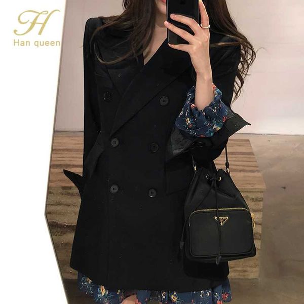 

women's trench coats h han queen elegant coat women blazer 2021 autumn long sleeve double breasted female suit jacket work wear outwear, Tan;black