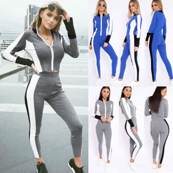

fashion women ladies 2pcs casual hooded color block zip up sweatshirt track high waist pants casual sweat suits tracksuit, White