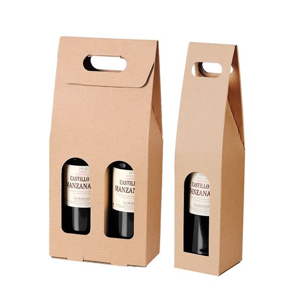 Papel em branco Kraft Caixa de embalagem com alça para o vinho tinto Champagne Gift Box frete grátis WB2366