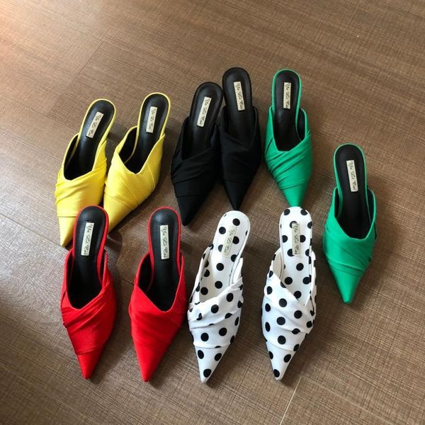 

slippers casual thin heels shoes med slipers women female mule cover toe slides luxury 2020 mules pointed fabric rome pu silk, Black