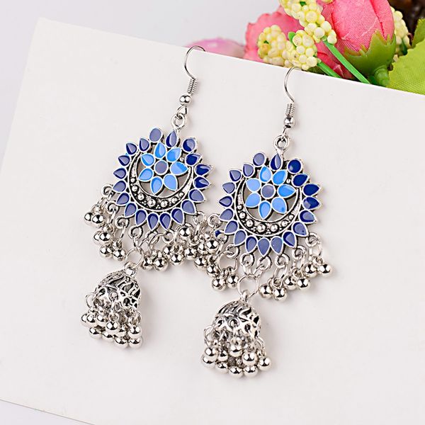 

oiquei boho ethnic long small bell drop tassel earrings for women handmade hollow flower caved dangling earring jewelry, Silver
