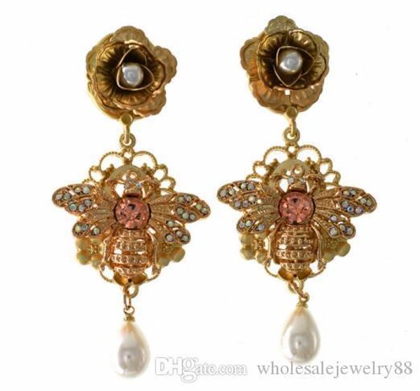 

baroque bee drop dangle earrings shining cubic crystal rhinestone eardrop pearl ear studs for women girl charm jewelry accessories, Golden;silver