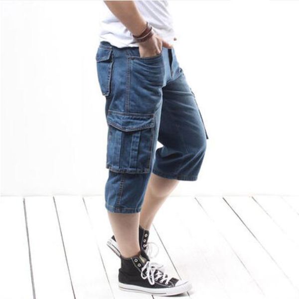 

men's denim shorts loose cropped denim shorts summer thin workwear multi-pocket jeans size, Blue