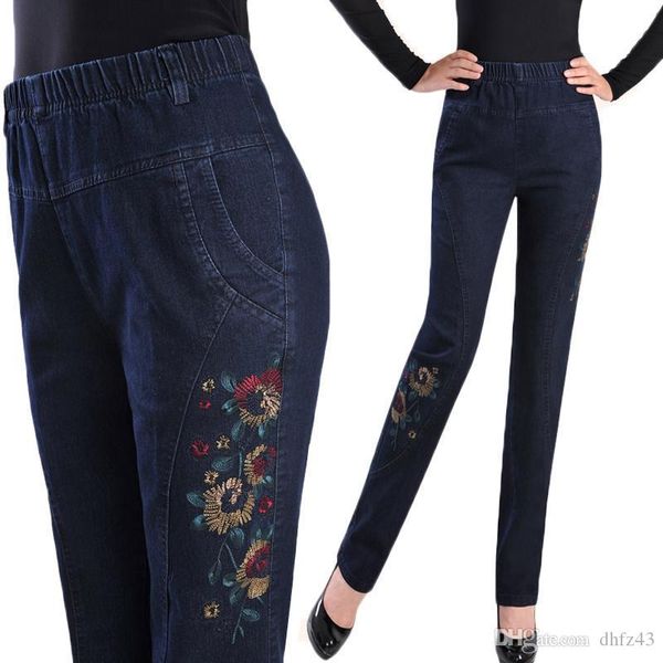 

spring autumn women denim trousers new fashion embroidery stretch high waist straight pants plus size middle-aged female jeans, Blue