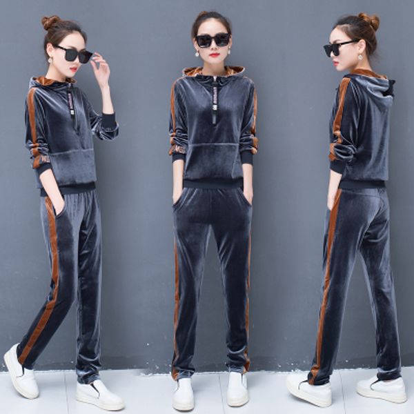 

fashion letter embroidery gold velvet suit female autumn new loose sweater trousers casual ladies sports suit -3xl, Gray