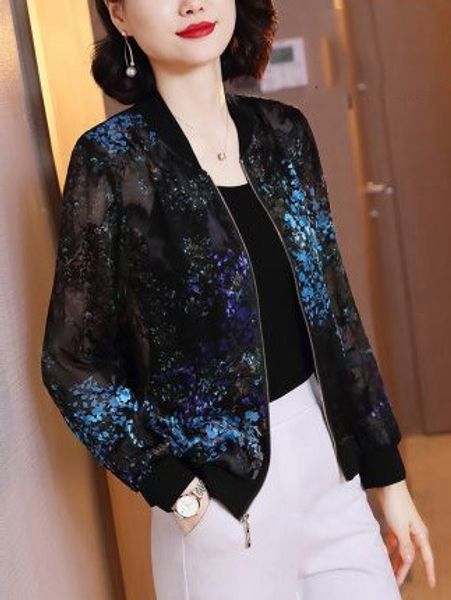 

chiffon printed baseball clothing women's long baseball suit short coat sleeve 2020 summer new loose jacket sun-proof silk short coat, Black;brown