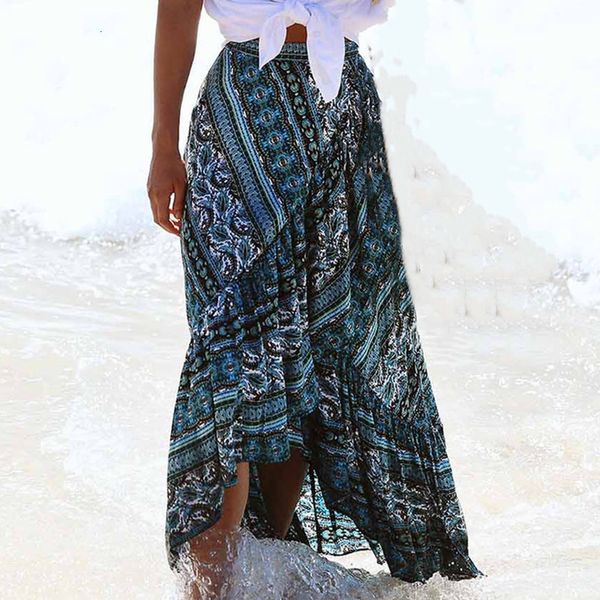 

womens floral print bohemia magic maxi skirt boho hippie 2020 summer beach asymmetrical wrap long skirt straps new w3, Black