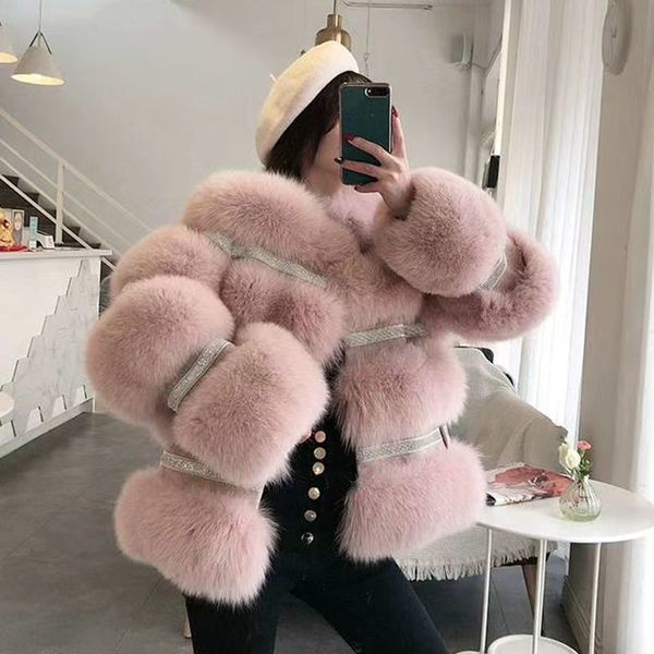 

women's fur & faux winter warm real coat women long sleeve fashion striped genuine coats o-neck thick shinny jacket, Black