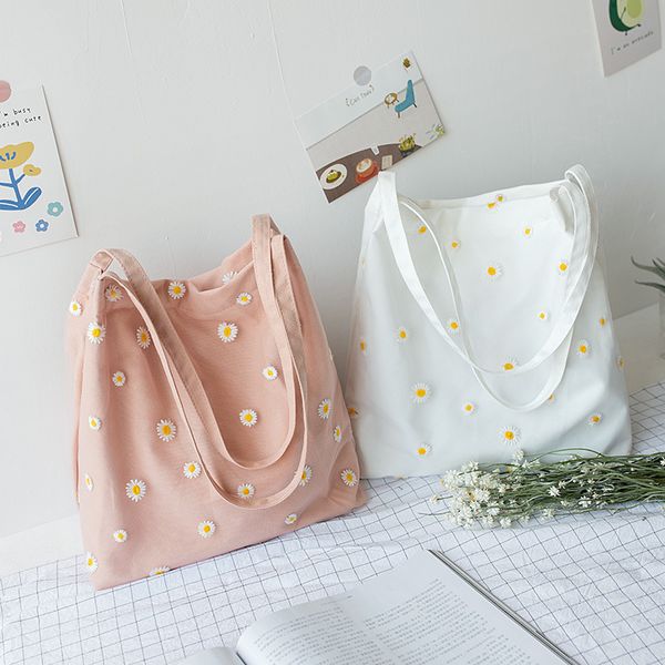 

2020 women's shoulder bag fashion canvas shoulder bag lace daisy pattern campus student handbag