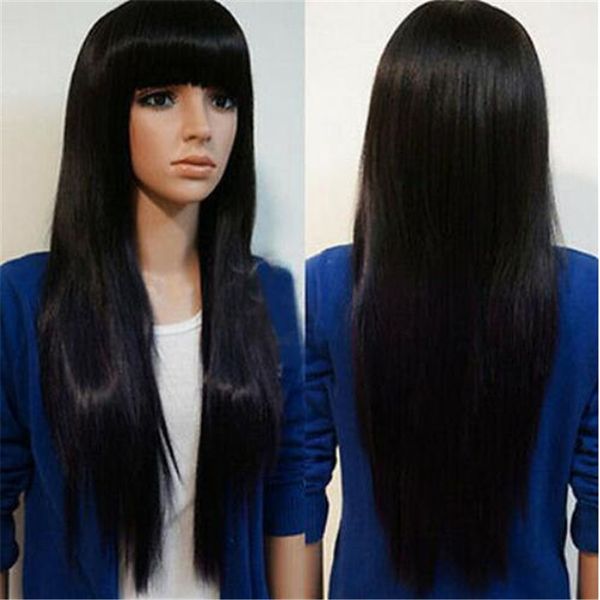 

new womens long brazilian black straight natural remy wig hair full wigs