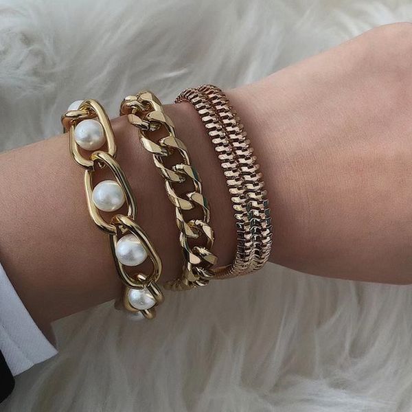 

3pcs/set hip hop chain bracelet punk miami curb cuban thick bracelet bangle chunky pearl charms bracelet alloy wrist chain jewelry, Golden;silver