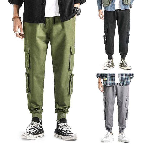 

men casual large size ankle-tied multi-pockets drawstring cotton pants trousers ankle length sport casual trousers streetwear, Black