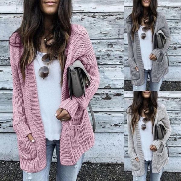 

2020 new women knitted sweater cardigan solid side pocket knitting jumper coat loose autumn spring long sleeve sweater outwear, White