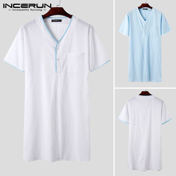 

incerun solid color bathrobes men leisure sleep robes fashion short sleeve v neck sleepwear loose buttons nightgown homewear 5xl, Black;brown