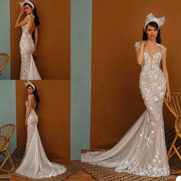 2020 Splendidi abiti da sposa a sirena con illusione Abito da sposa con applicazioni di pizzo gioiello Sweep Lunghezza Backless Abito da sposa di vendita calda su misura