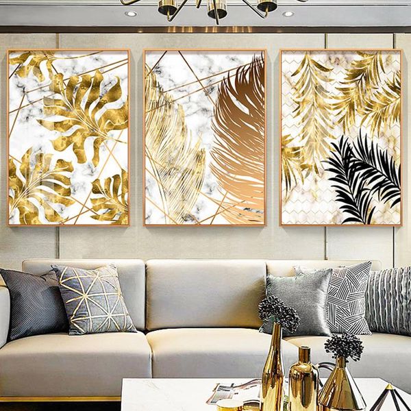 

3 panels nordic plant golden leaves canvas painting modern abstract wall art prints poster picture living room bedroom home decor