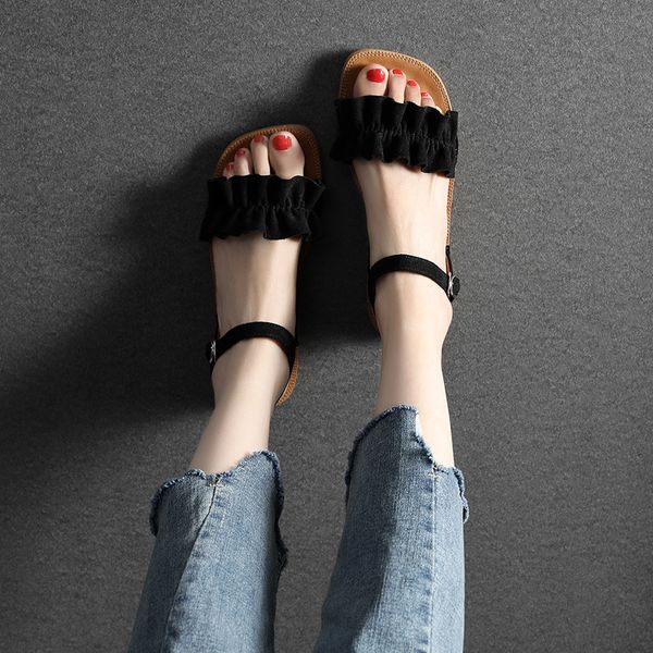 

sandals large size female summer 41-43 flat bottom fat feet wide 2021 wild retro buckle roman shoes, Black