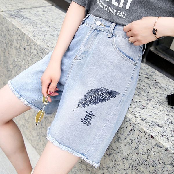 

large size women's straight five-point fat sister high waist wide wide leg pants denim shorts women's 200kg loose wide-leg pants, Blue