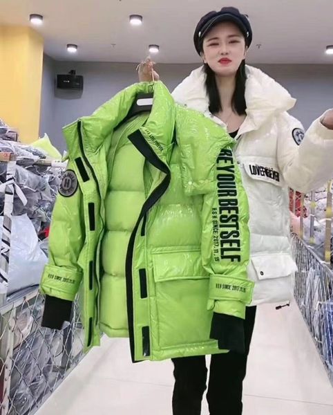 

off-season 2020 new down jacket embroidered down jacket women's short fashion bright leather letter embroidery wash-winter coat, Black