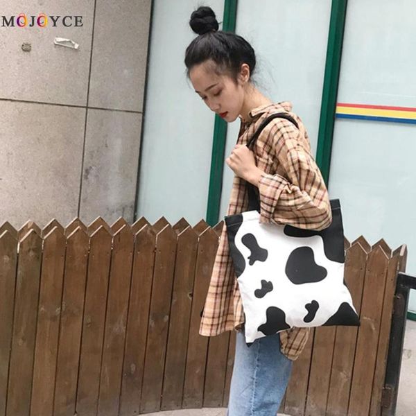 

women reusable canvas shoulder bags cow print female classic texture creative design chic casual shopping handbags