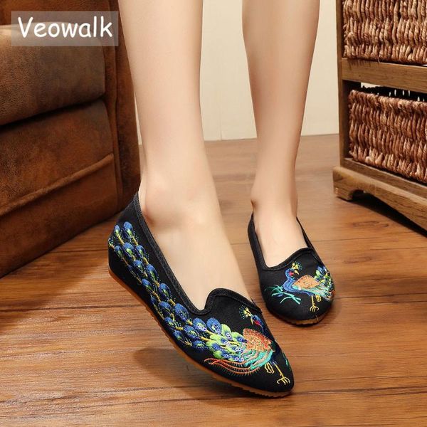 

veowalk handmade breathable ballet flats pointed toe peacock embroider flats women casual slip on elegant walking canvas shoes, Black