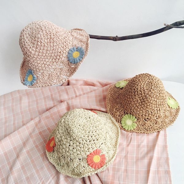 

children's korean style bucket bucket straw fisherman outdoor sunshade girl baby daisy pattern girl fisherman hat straw hat, Blue;gray