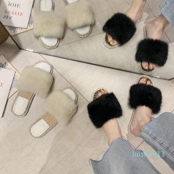 

flat shoes female woman's slippers luxury slides low shose women fur flip flops 2020 designer massage plush soft rubber pu l13, Black