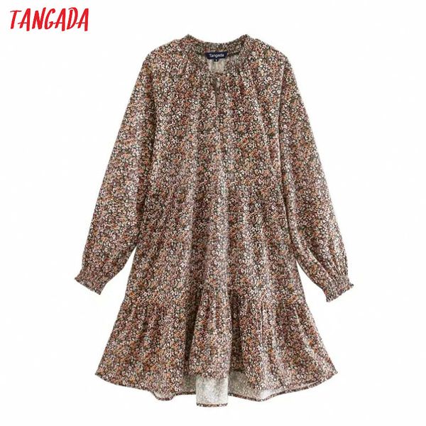 

casual dresses tangada women chic floral print dress french style long sleeve female wear stylish pleated vestidos xn428, Black;gray