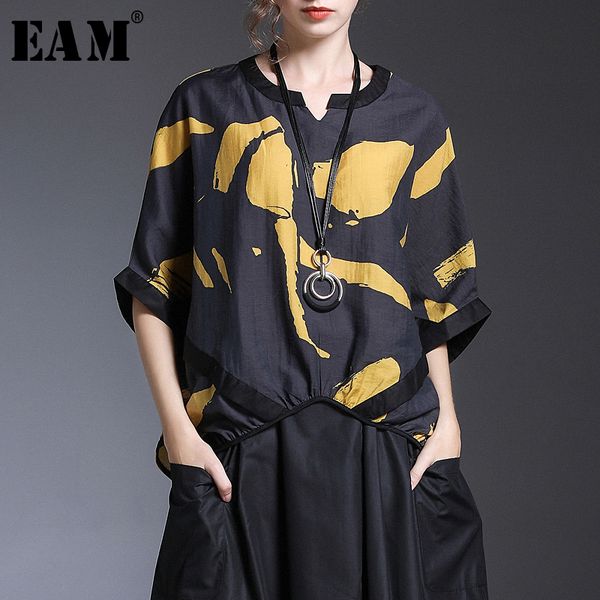 

eam] 2020 new spring summer v-collar half sleeve print pattern temperament loose big size shirt women blouse fashion tide jx251, White