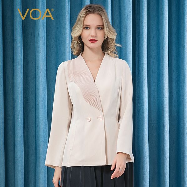 

voa silk 40mm heavyweight silk asymmetric tucker pleats stitch v-neck double-breasted long-sleeved cropped jacket b480, Black;brown