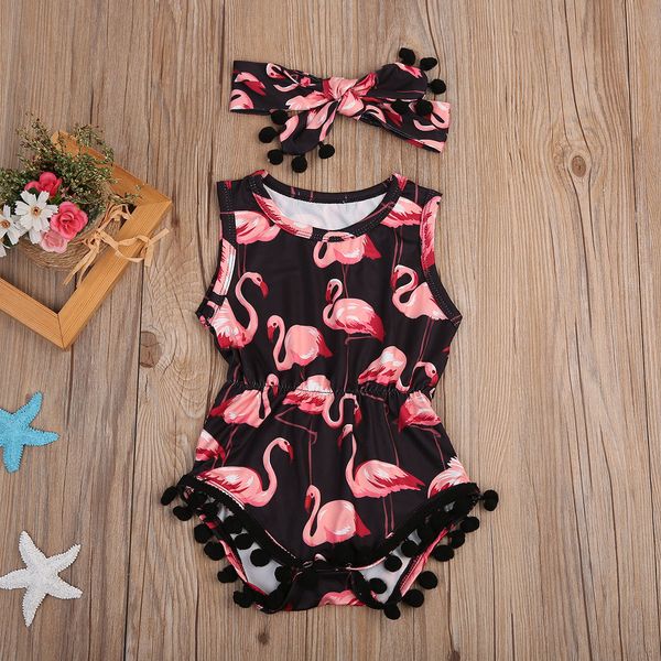 

2018 toddler baby kids girls flamingo toassel jumpsuit headband outfits 2pcs fashion summer print lovely sleeveless ch, Blue