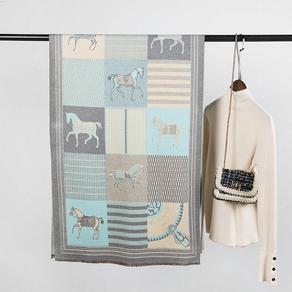 

yilian brand thick cashmere winter scarf horse print fashion long colourful sweet lady shawl, Blue;gray