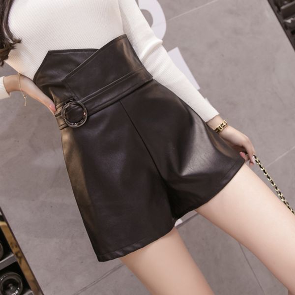 

pu leather high waist shorts for women irregular slim black shorts skirts with belt 2020 winter women's da334, White;black