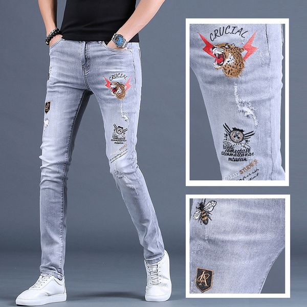 

summer thin embroidered ripped men's trendy br slim fit pants and jeans trousers and jeans personalized men's pants, Blue