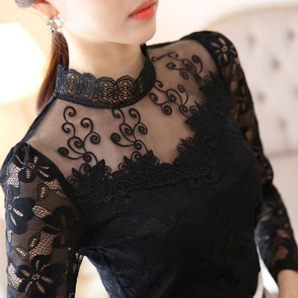

lace bottoming shirt women's long-sleeved spring and autumn large size new hollow stand collar chiffon small shirt winter, White;black