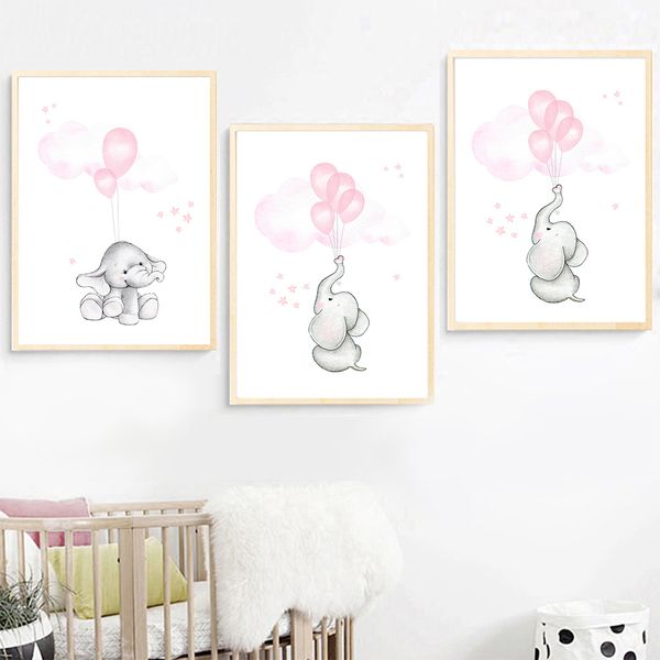 

elephant wall painting pink balloon canvas prints nordic poster nursery art print cartoon wall pictures baby room decoration