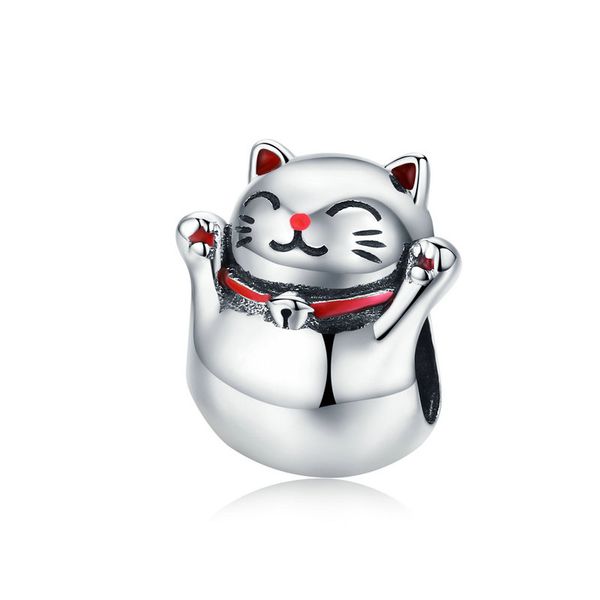 

high polish solid 925 sterling silver cute china fortune cat charms lucky charms gift for girls diy bracelet, Black