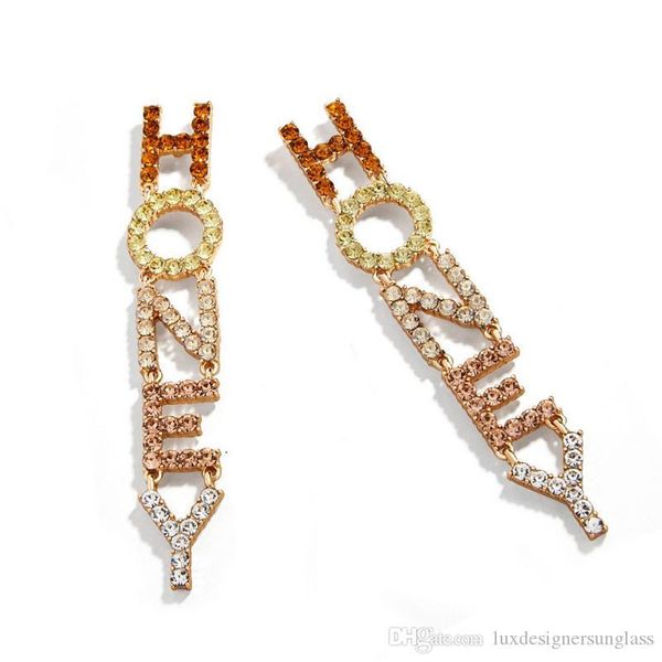 

women letter honey stud earring rhinestone letter long tassel earring fashion jewelry accessories for gift party, Golden;silver