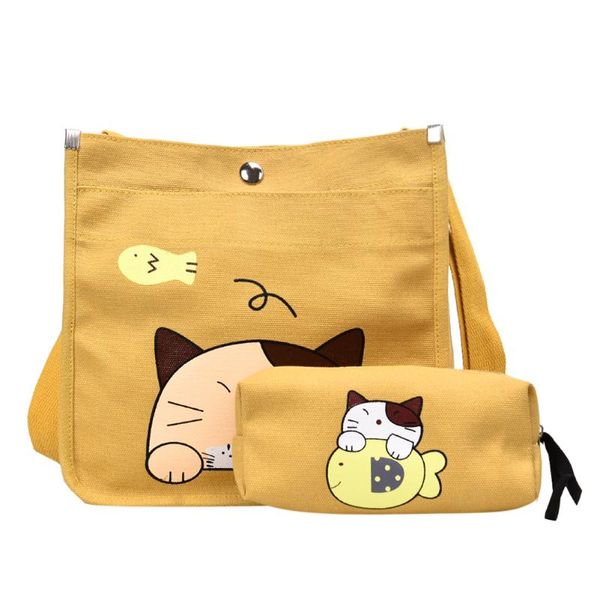 

2pcs/set women canvas cartoon cat print shoulder crossbody handbags pen bag women canvas shopping bag cartoon cat shoulder #25