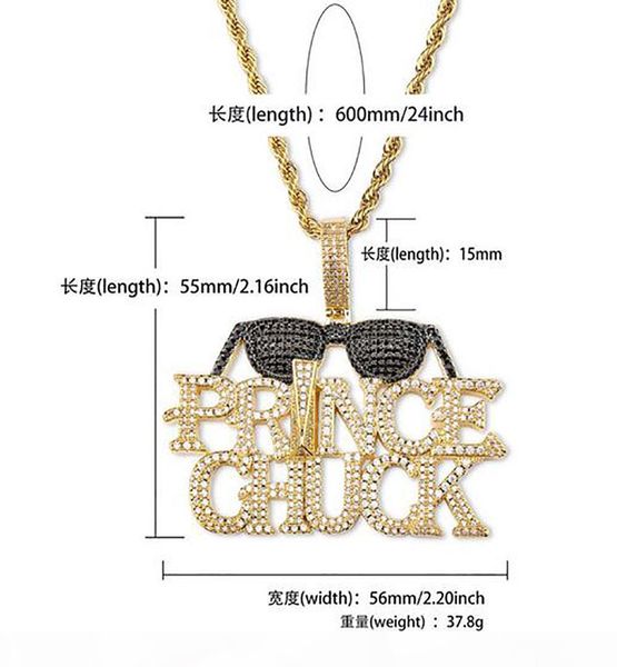 

r iced out sunglasses letter prince chuck pendant necklace bling micro pave cubic zirconia simulated diamonds 24inch rope chain, Silver