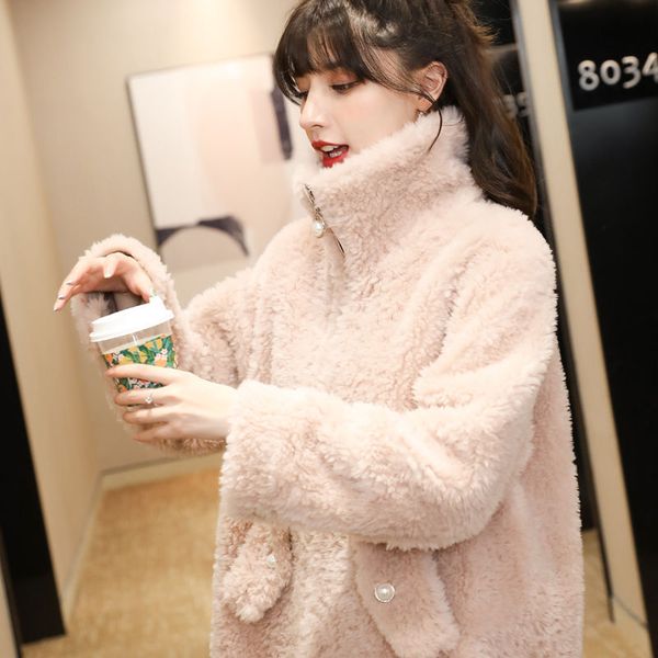 

2020 new winter women fashion wool fur coat luxury sheep shearing coat loose kerean overcoat thick warm lamb fur coats a235, Black