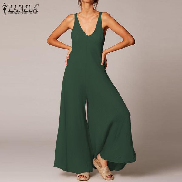 

women's wide leg overalls zanzea 2020 fashion summer jumpsuits casual solid v neck playsuits female tank rompers plus size pants, Black;white